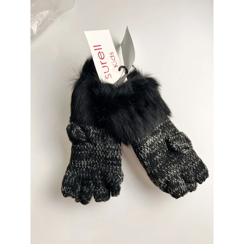 Surell Kids Rabbit‎ Fur Trim Fingerless Gloves Gray Black NWT